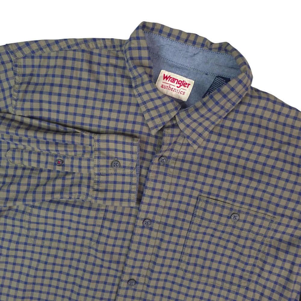 Wrangler Authentics Shirt Mens Large Tall Green Blue Plaid Long‎ Sleeve Workwear